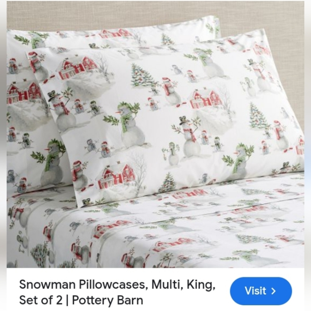 Pottery Barn Organic Cotton Snowman King Pillowcases Set of 2